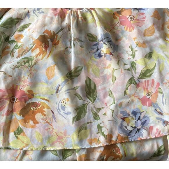 ZARA Floral Cape Blouse Top Womens Small Yellow Peach Short Sleeve Chiffon Sheer - Picture 8 of 13
